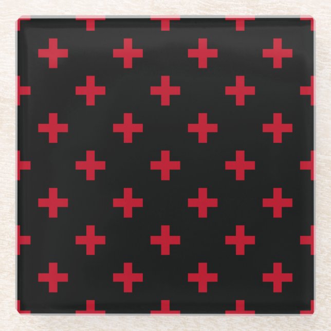 Posavasos De Vidrio Cruces de polka roja sobre negro (Anverso)