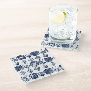 Posavasos De Vidrio Crudo trapo tribal caribeño: blanco, azul marino