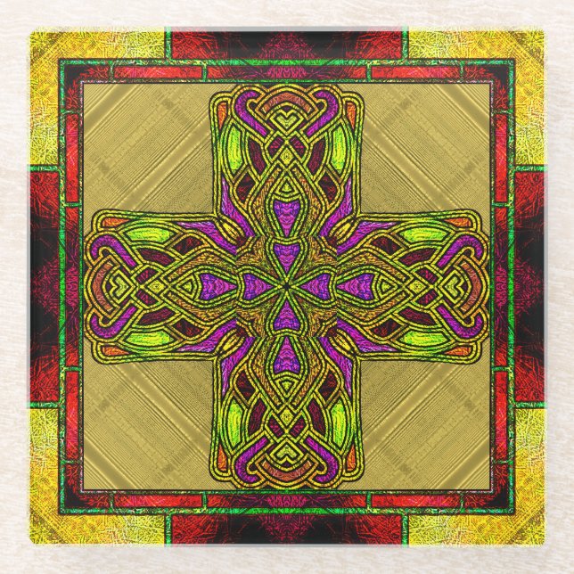 Posavasos De Vidrio Cruz Celta de Vidrio Manchado en Rojo y Oro (Anverso)