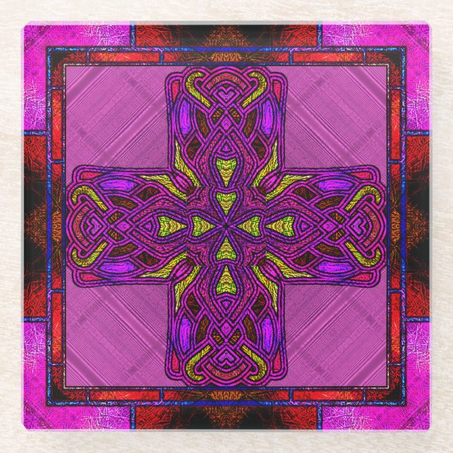 Posavasos De Vidrio Cruz Celta de Vidrio Manchado en Rojo y Rosa (Anverso)