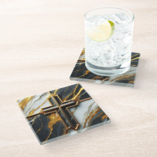 Posavasos De Vidrio Cruz de Mármol Blanco y Negro con oro