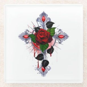Posavasos De Vidrio Cruz de Plata con una Rosa Roja