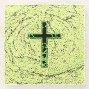 POSAVASOS DE VIDRIO CRUZ NEGRA Y VERDE CON FONDO DE MÁRMOL