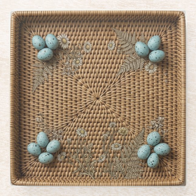 Posavasos de vidrio cuadrado con mimbre tejido y h (Anverso)