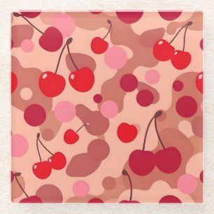 Posavasos de vidrio cuadrado de cerezas arte rosa