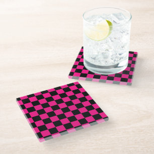 Posavasos De Vidrio Cuadrados a cuadros rosa caliente negro geométrico