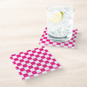 Posavasos De Vidrio Cuadrados controlados retro geométrico blanco rosa