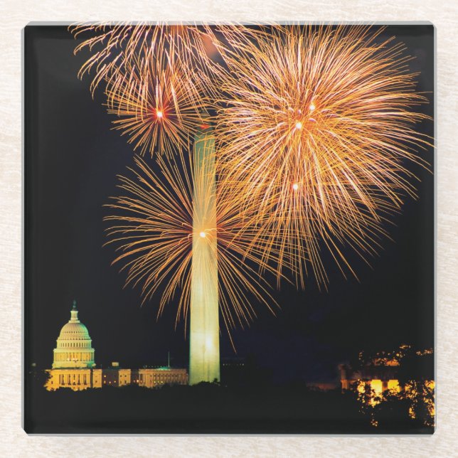 Posavasos De Vidrio Cuarto de julio, exhibición del fuego artificial, (Anverso)