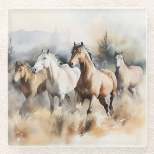 Posavasos De Vidrio “Cuatro Mustangs Salvajes” Acuarela Occidental Pol