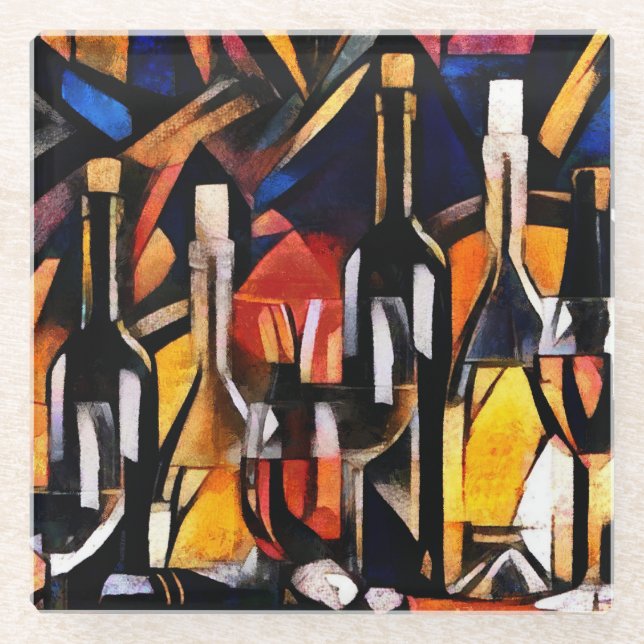 Posavasos De Vidrio Cubism Wine Themem: Botellas y uvas (Anverso)