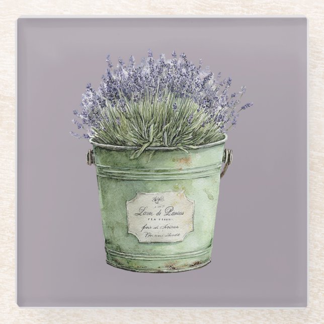 Posavasos De Vidrio Cubo Verde Blanco Flores Lavanda (Anverso)