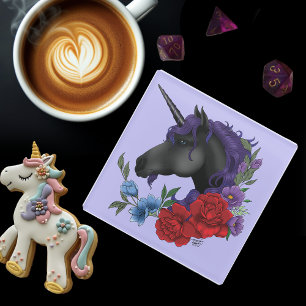 Posavasos De Vidrio Cuerno Negro de Unicornio Jardín de Flores de Medi
