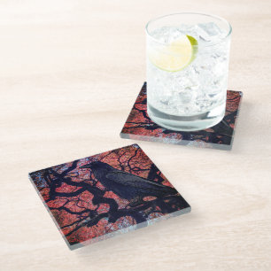 Posavasos De Vidrio Cuervo Negro y Arce Japonés Retorcido