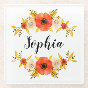 Posavasos De Vidrio Cuidada acuarela Coral Floral Wreath Personalizado