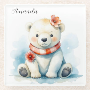 Posavasos De Vidrio Cuidada acuarela Sitting Polar Bear Floral