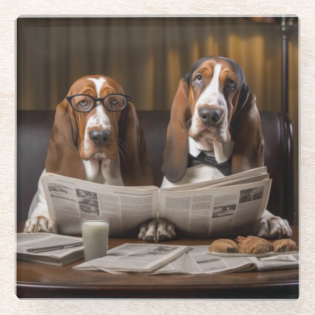 Posavasos De Vidrio Cuidados basset hounds leyendo el periódico (Anverso)