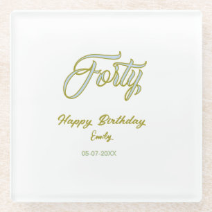 Posavasos De Vidrio cumpleaños cuarenta nombre fecha azul verde pastel