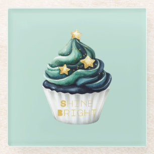 Posavasos De Vidrio Cupcake Verde Azul Dorado Estrellas Brillan Fuerte