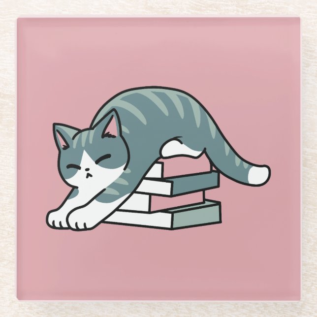 Posavasos De Vidrio Curva con un libro y un gato - cómodos lectores de (Anverso)