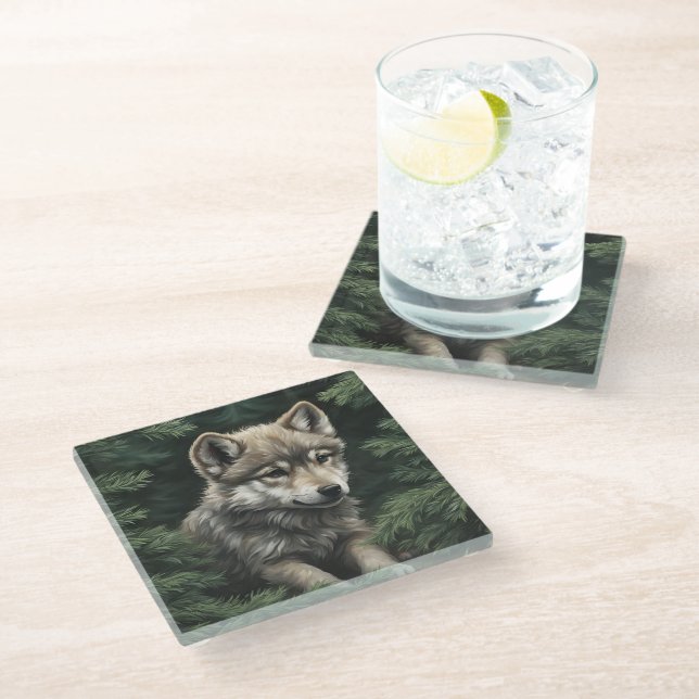 Posavasos De Vidrio Custodia de Lobo de North Woods (Angular)