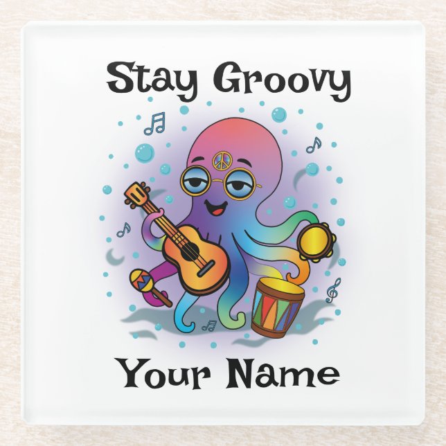 Posavasos De Vidrio Custom Glass Coaster | Retro Octopus | Name & Text (Anverso)