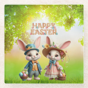 Posavasos De Vidrio Cuta, caprichosa Pascua feliz con 2 conejos