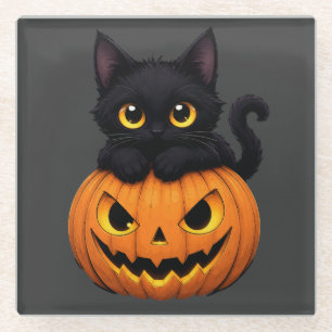 Posavasos De Vidrio Cute Black Cat in Pumpkin Halloween