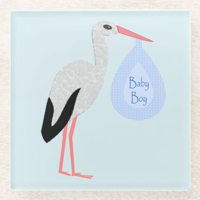 Posavasos De Vidrio Cute Blue Baby Boy Stork (Anverso)