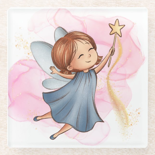 Posavasos De Vidrio Cute Blue Fairy Holding Star Wand (Anverso)