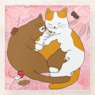 Posavasos De Vidrio Cute Cat Family Glass Coaster