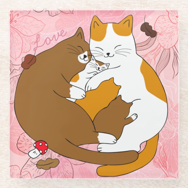 Posavasos De Vidrio Cute Cat Family Glass Coaster (Anverso)