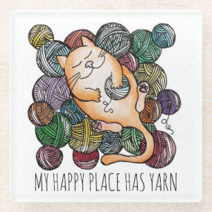 Posavasos De Vidrio Cute Cat's Yarn Heaven Hilo de Punto para Tejedora