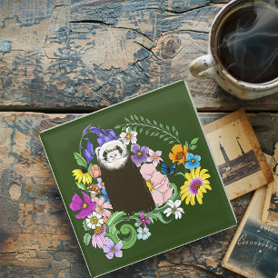 Posavasos De Vidrio Cute Chocolate Sable Ferret Floral Verde
