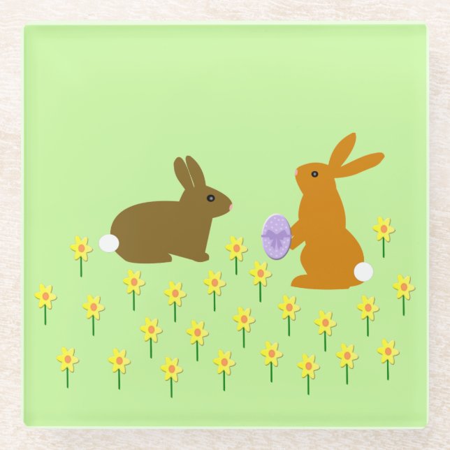 Posavasos De Vidrio Cute conejitos de Pascua y Daffodils (Anverso)