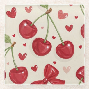 Posavasos De Vidrio Cute Coquette Cereza y Lazos de Cinta Roja Sin Cos