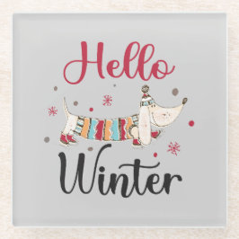 Posavasos De Vidrio Cute Dog Hello Winter