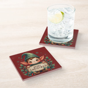 Posavasos De Vidrio Cute Duende de Navidad sosteniendo letrero alegre 