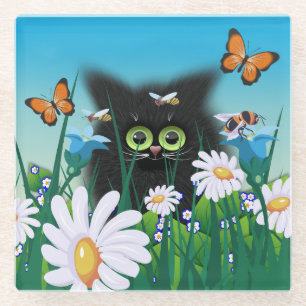 Posavasos De Vidrio Cute Fluffy Black Kitten y Daisies Art