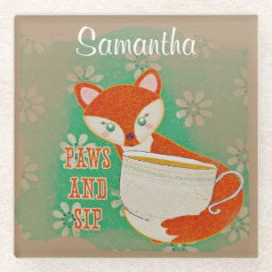 Posavasos De Vidrio Cute Fox Paws y Sip Quote Personalizados