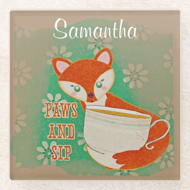 Posavasos De Vidrio Cute Fox Paws y Sip Quote Personalizados (Anverso)