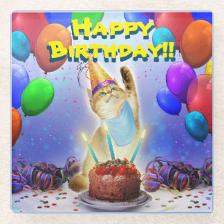 Posavasos De Vidrio Cute Golden Festive Birthday Kitty