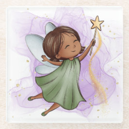 Posavasos De Vidrio Cute Green Fairy Holding Star Wand