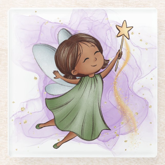Posavasos De Vidrio Cute Green Fairy Holding Star Wand (Anverso)