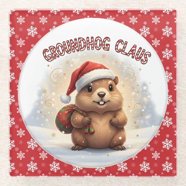 Posavasos De Vidrio Cute Groundhog Claus Funny Groundhog Christmas (Anverso)