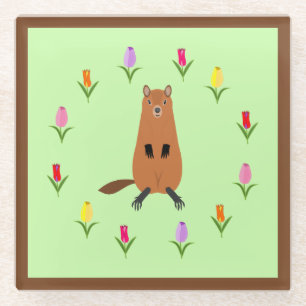 Posavasos De Vidrio Cute Groundhog y Tulip Flowers