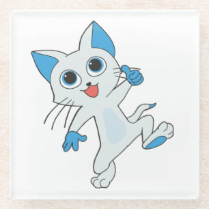 POSAVASOS DE VIDRIO CUTE JUMPING LIGHT CYAN KITTEN CON OJOS AZULES, OJ