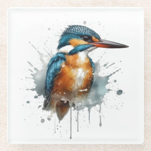 Posavasos De Vidrio Cute Kingfisher en acuarela azul y naranja