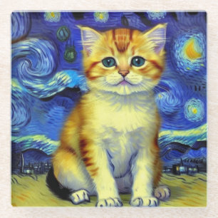 Posavasos De Vidrio Cute Kitten Starry Night Van Gogh
