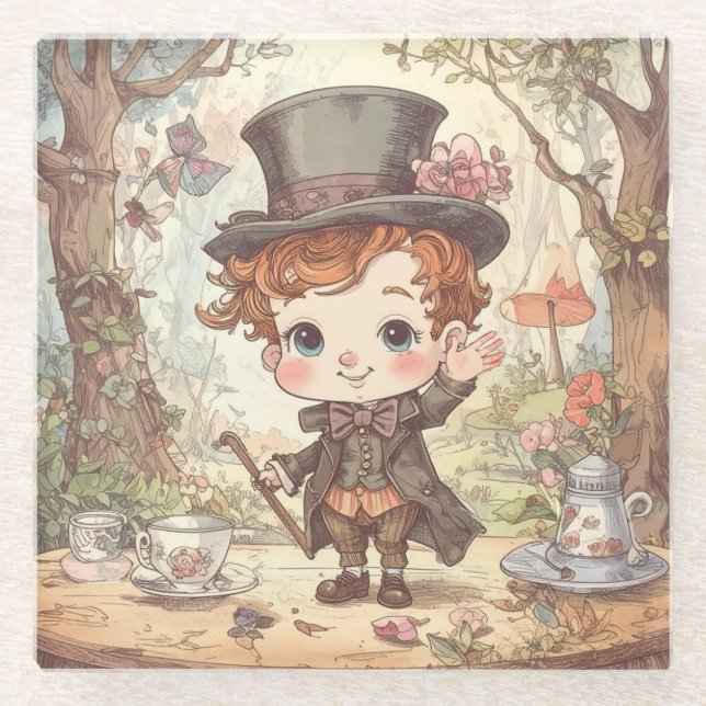 Posavasos De Vidrio Cute Mad Hatter Whimsical Wonderland Woodland Art (Anverso)