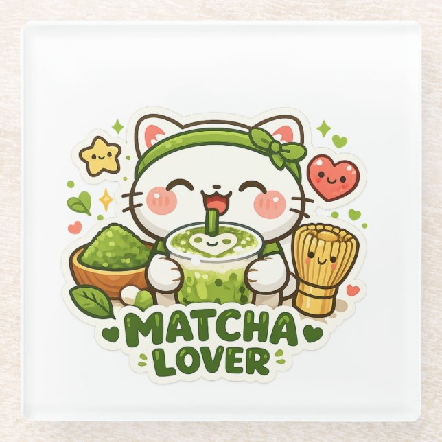 Posavasos De Vidrio Cute Matcha Lover Cat (Anverso)
